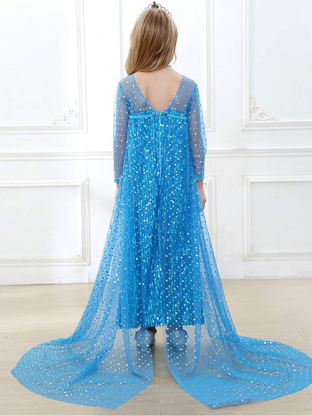 Girls Elsa Inspired Blue Sequin Dress with Cape – Size 130 (5–6Y) - Picture 2 of 12